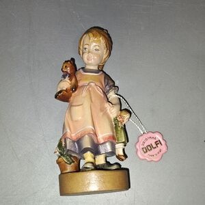 Girl with Bear and Doll Wood Carved Painted Vintage Italy